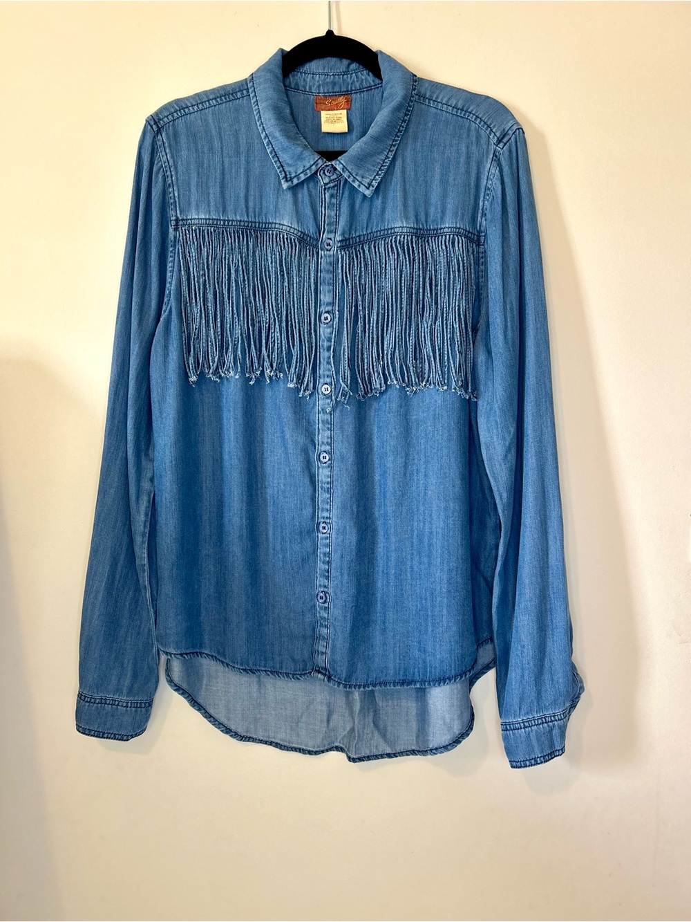 Scully Tencel Lyocell Denim Fringe Western Button Down Shirt Blouse L Cowgirl